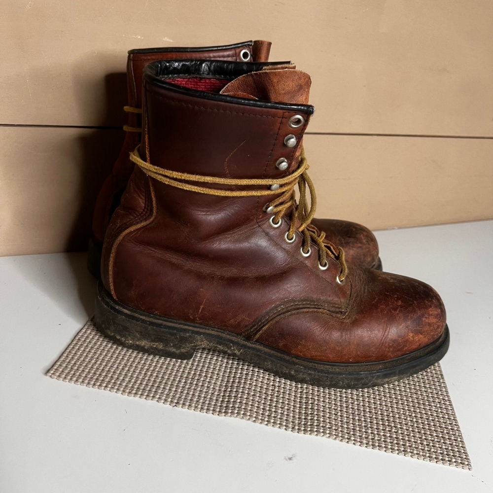 Vintage Red Wing Brown Leather Work Boots ANSI Z41 PT91  USA Made Size 8.5
